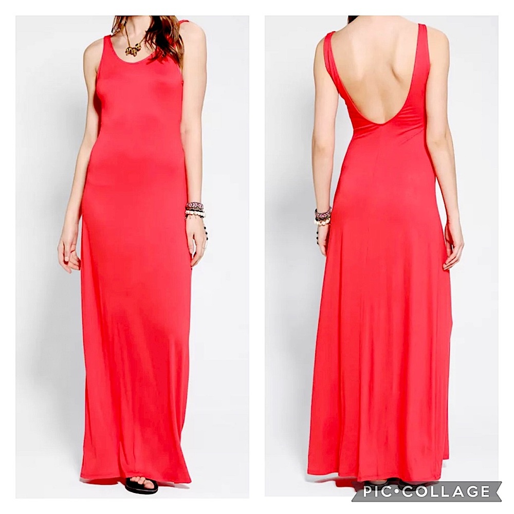 Urban Outfitters Sparkle & Fade Deep Plunge Backless Coral Maxi Dress XS